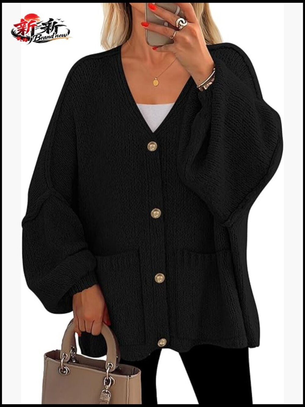 Chunky Oversized Button Down Lantern Sleeve Cardigan with Pockets